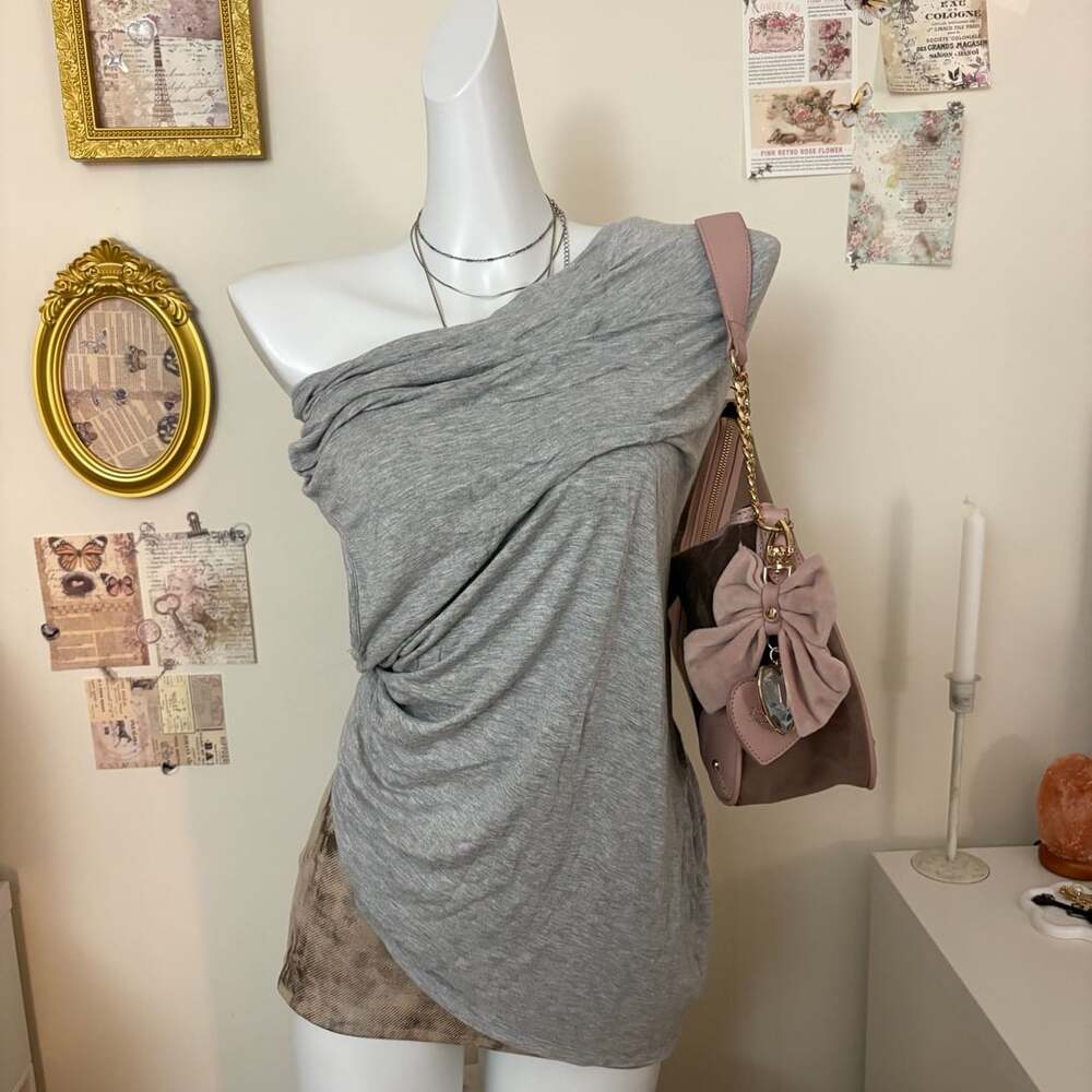 Max Studio Womens Size Extra Large XL Gray Heathered One Shoulder Asymmetrical D